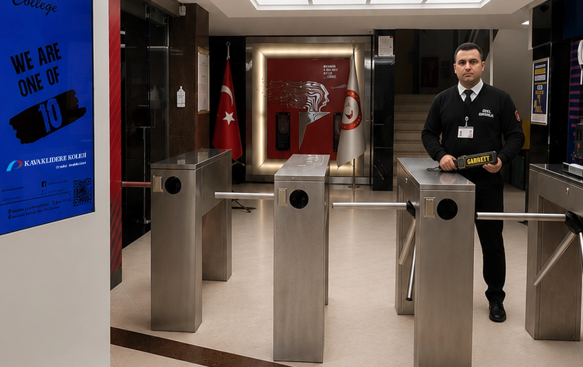 Ankara Kavaklıdere Koleji girişinde turnikeler, el dedektörü tutan özel güvenlik görevlisi ve Türk bayrağı ile okul güvenliği ortamı.