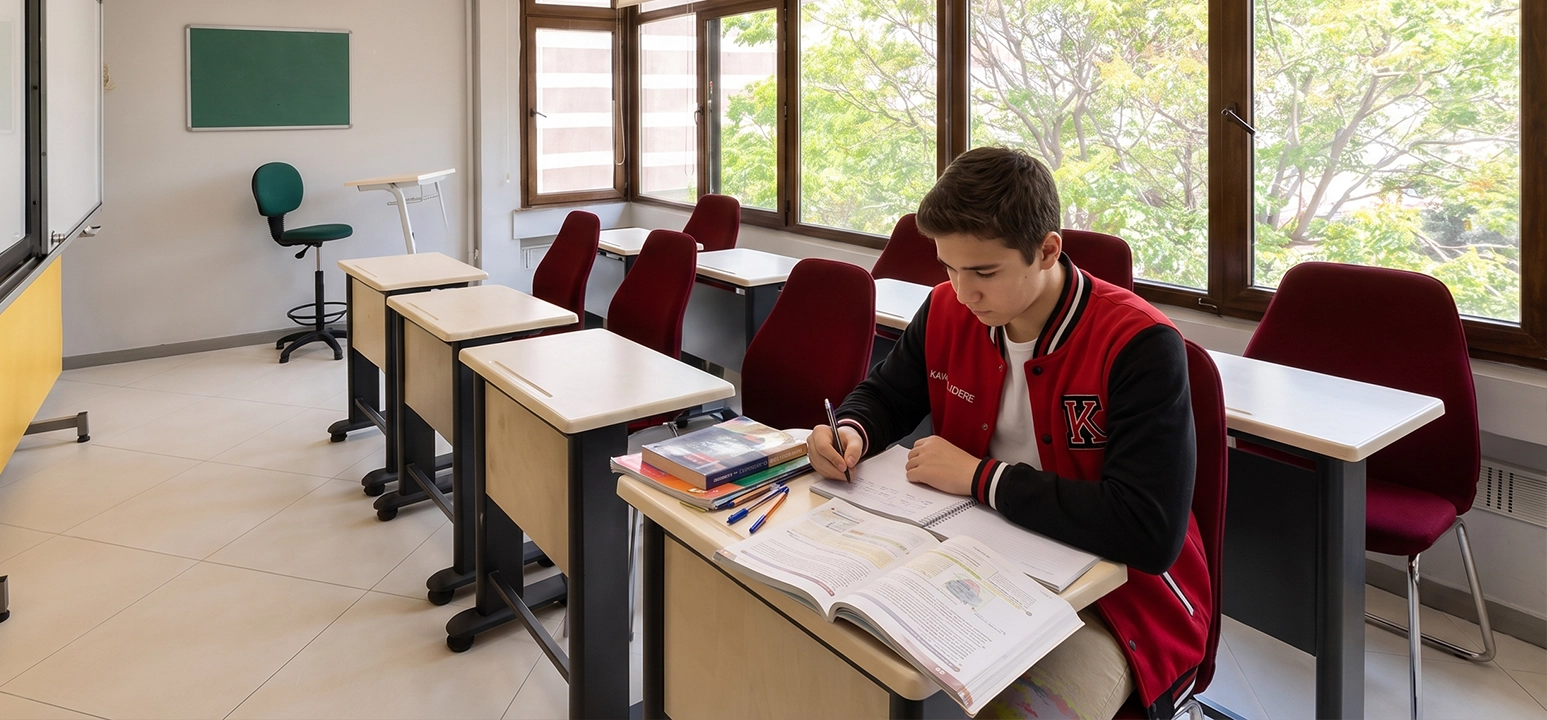 Ders çalışırken dikkat dağınıklığı ve odaklanma süresini yöneten öğrenci ve çalışma masası.
