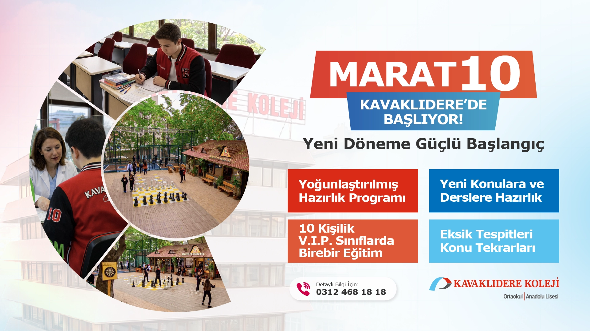 Kavaklıdere Koleji MARAT10 hazırlık programı afişi, 31 Ağustos 2026 başlangıç tarihi, 10 kişilik VIP sınıflar ve birebir eğitim detayları.