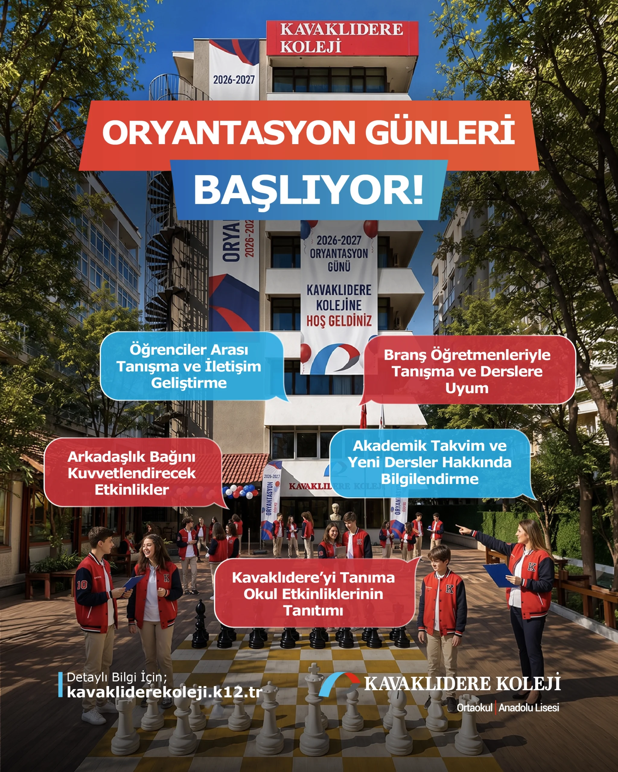 Kavaklıdere Koleji 5. ve 9. sınıf oryantasyon ve okula uyum günleri afişi, 7-8 Eylül.